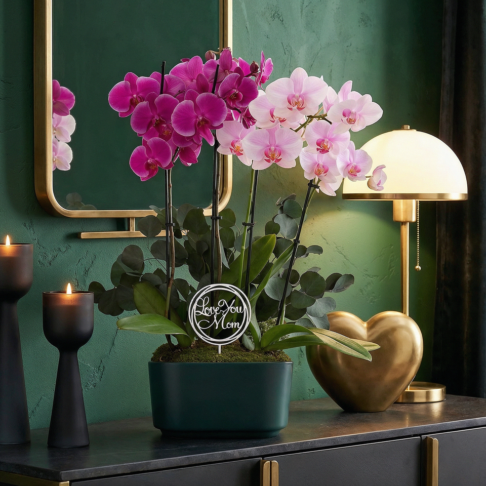 10" Bi-Color Magenta Pink Orchid Planter in Jan Bistro Green with Eucalyptus and Love You Mom Pick